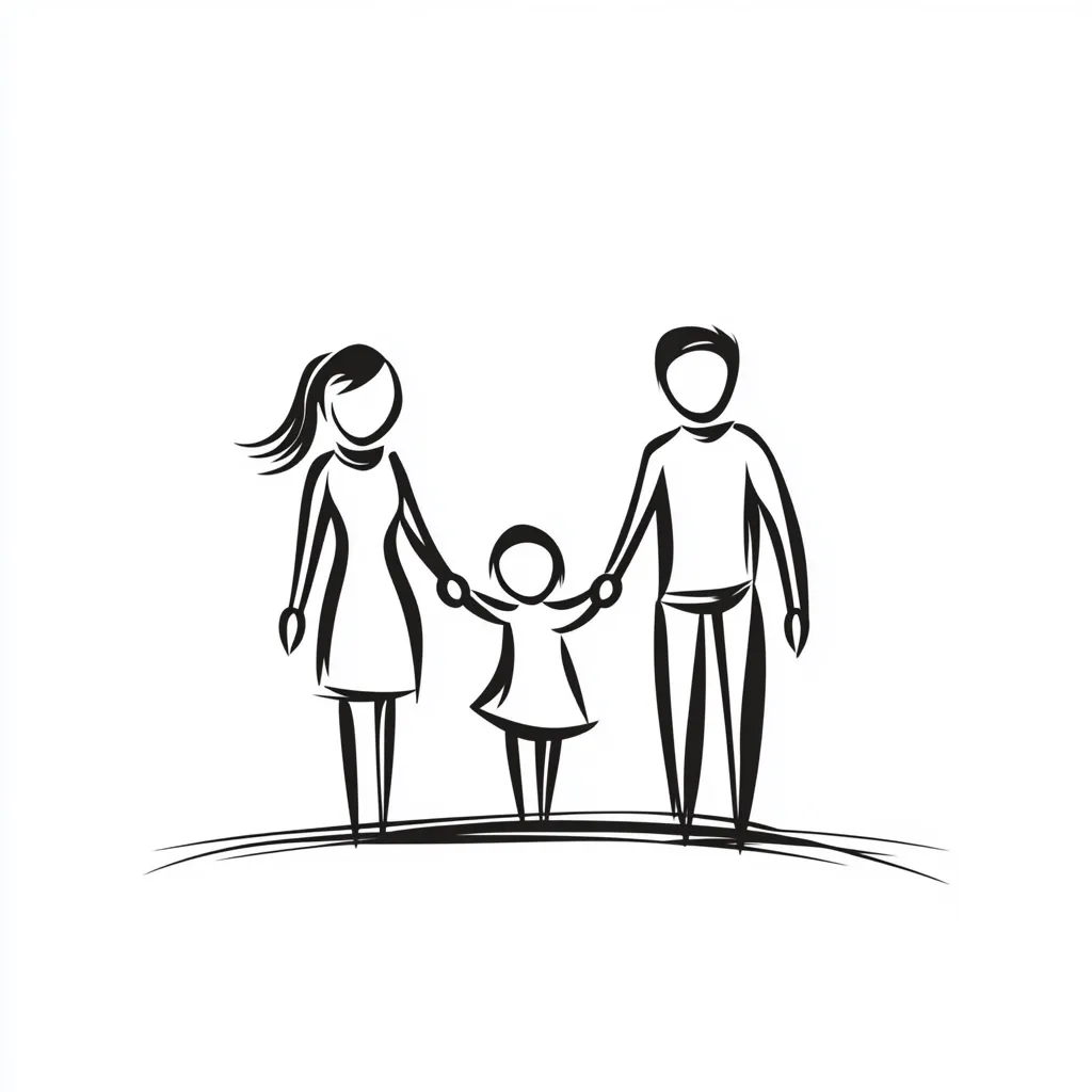 A stylized black and white illustration depicts a family of three.  A mother, father, and young child stand holding hands, their figures simplified yet expressive.  The image is minimalist, focusing on the unity and connection within the family unit. The style is reminiscent of a line drawing or sketch.