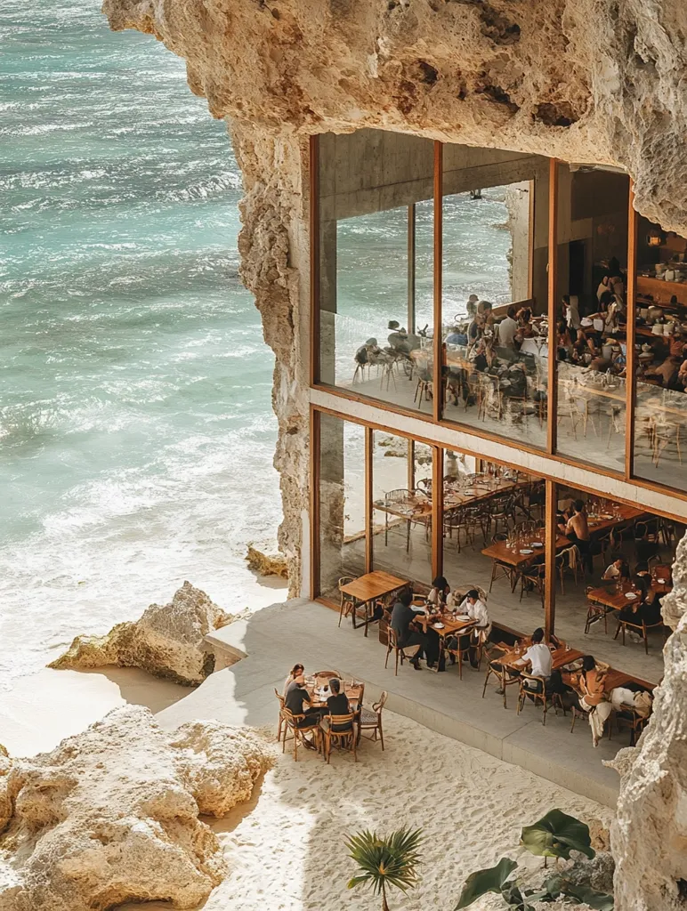 A stunning restaurant is nestled into a cliffside overlooking a turquoise ocean.  Large glass windows offer breathtaking views from the interior, where diners enjoy meals at wooden tables.  The sandy beach below provides a tranquil setting, enhanced by the natural rock formations.  The design seamlessly blends modern architecture with the raw beauty of the coastal landscape.