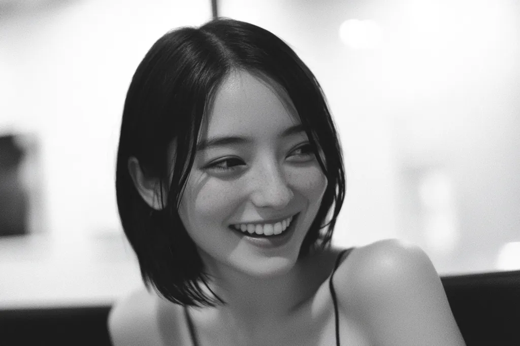 A black and white close-up shot captures a young woman with a radiant smile.  Her short, dark hair frames her face, accentuating her expressive eyes and subtly freckled skin.  The gentle lighting enhances her features, creating a soft and intimate portrait.  She's wearing a simple, sleeveless top, and her joyful expression is the focal point of the image.