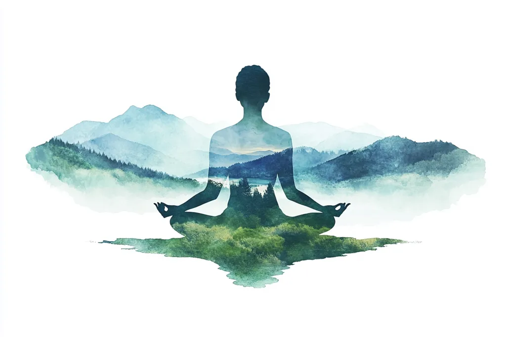 A watercolor painting depicts a person in a lotus yoga position.  The figure is a silhouette, with a serene landscape of mountains, forests, and a lake subtly blended within their form. The image evokes a sense of tranquility and the connection between inner peace and nature.  The soft, blended colors create a peaceful and meditative atmosphere.