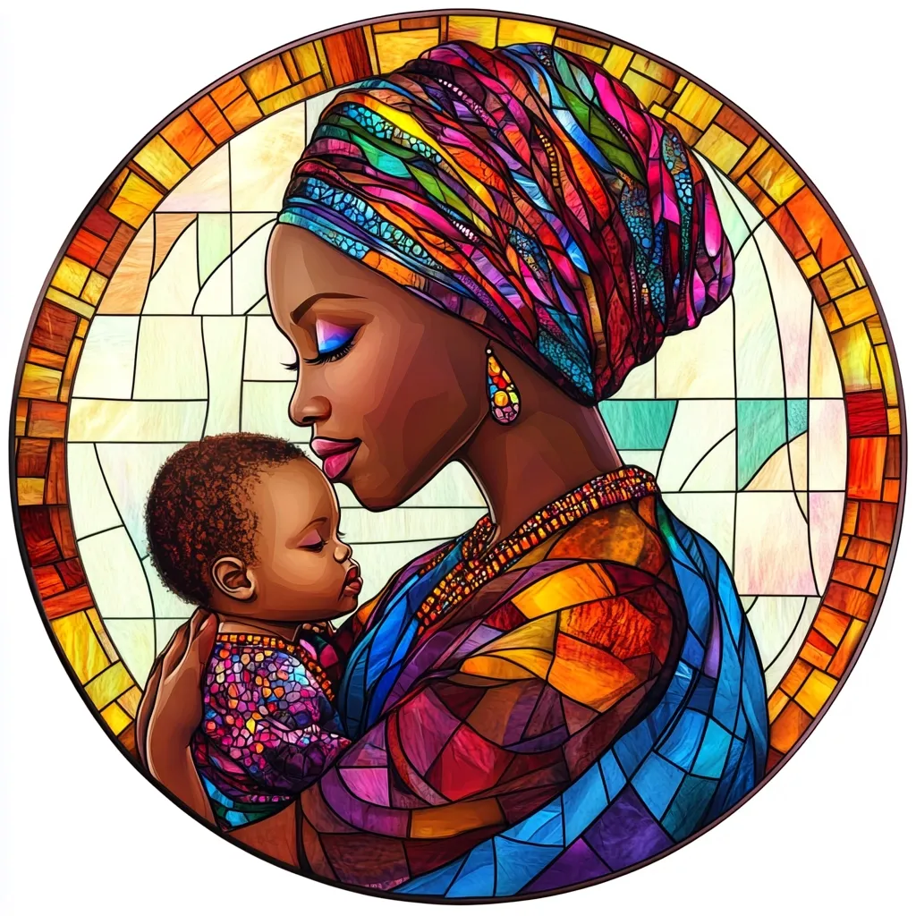 A vibrant stained-glass style artwork depicts a Black mother tenderly cradling her baby. The mother wears a colorful headwrap and ornate jewelry, her expression radiating love and peace. The baby rests peacefully in her arms.  The circular composition, framed by warm oranges and yellows, enhances the image's emotional impact, suggesting themes of motherhood, family, and cultural pride. The artwork's bold colors and intricate details create a striking visual effect.
