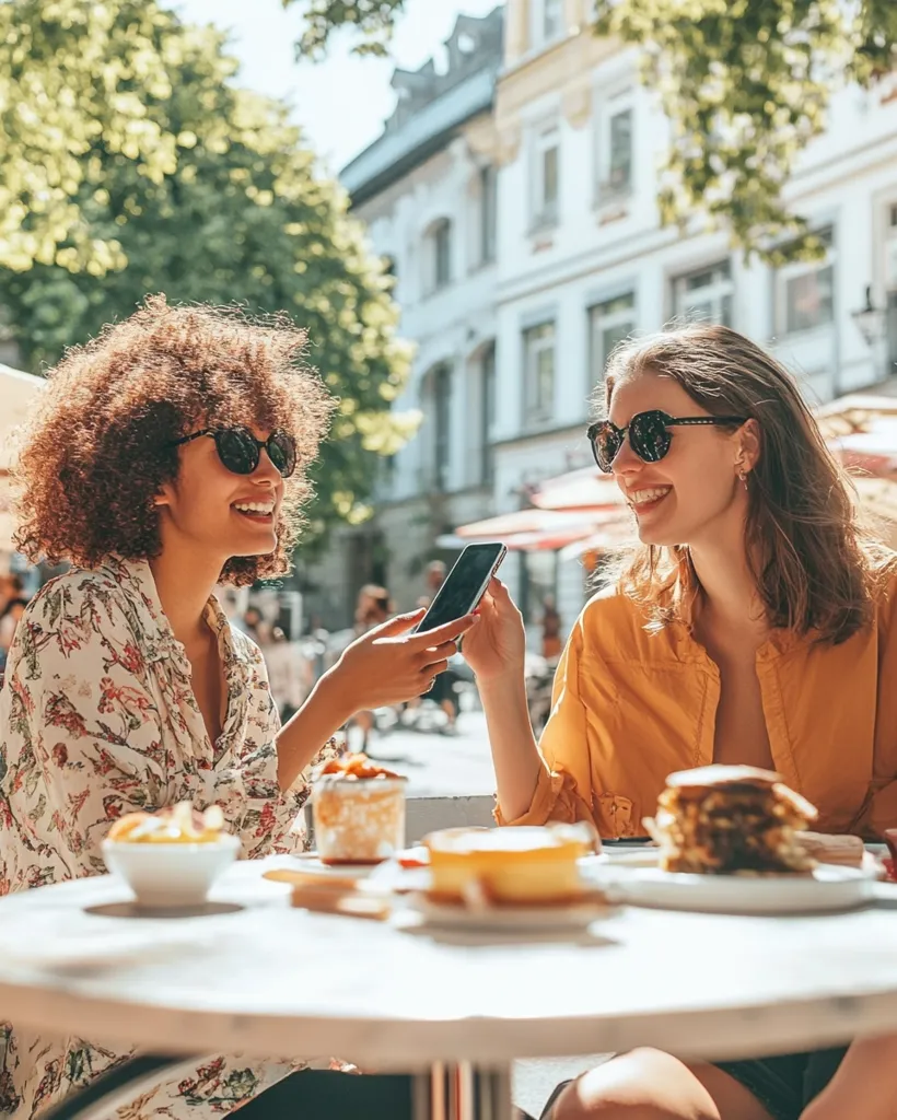 Two young women, one with curly hair and the other with long straight hair, sit at a cafe table outdoors on a sunny day.  They share a phone, looking at something together.  The table is laden with desserts and snacks.  They are dressed casually and appear to be enjoying a relaxed afternoon.  The background features a charming European street scene.