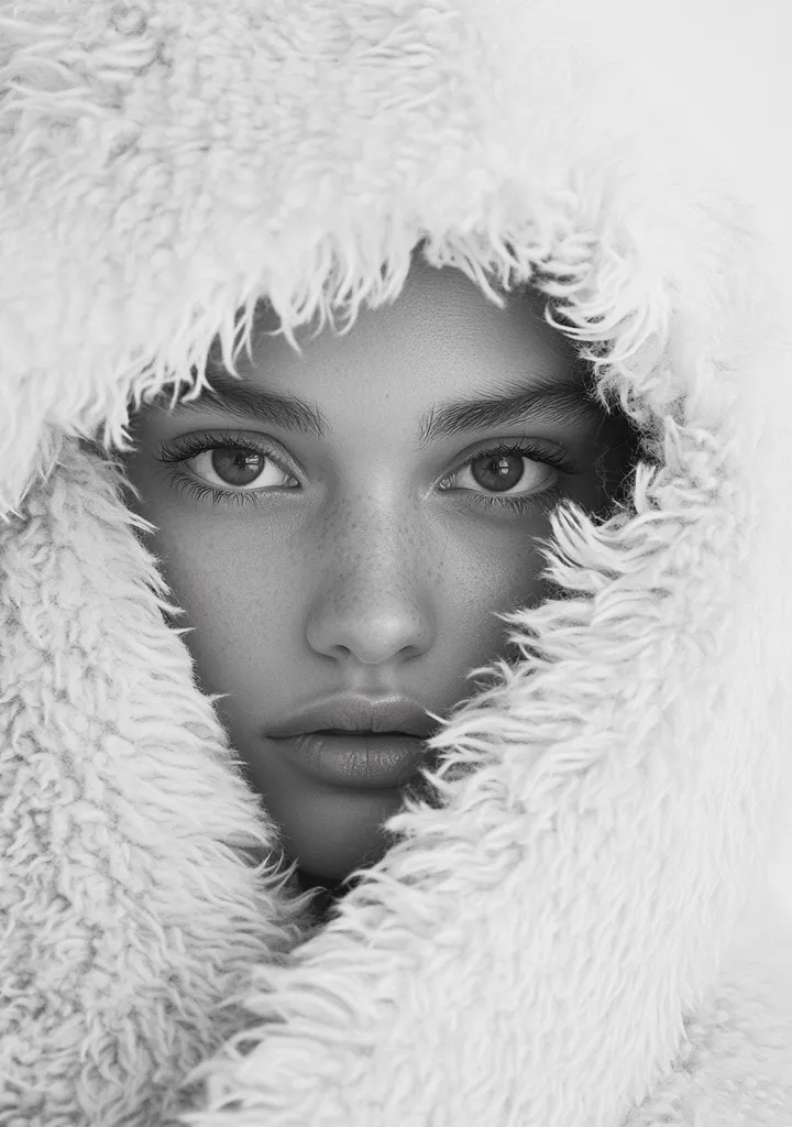 A black and white close-up portrait of a young woman's face partially obscured by a fluffy, light-colored hooded jacket.  Her eyes are visible, along with her nose and mouth, conveying a serene and slightly mysterious expression.  The texture of the fur is emphasized, contrasting with the smooth skin. The overall mood is calm and intimate.