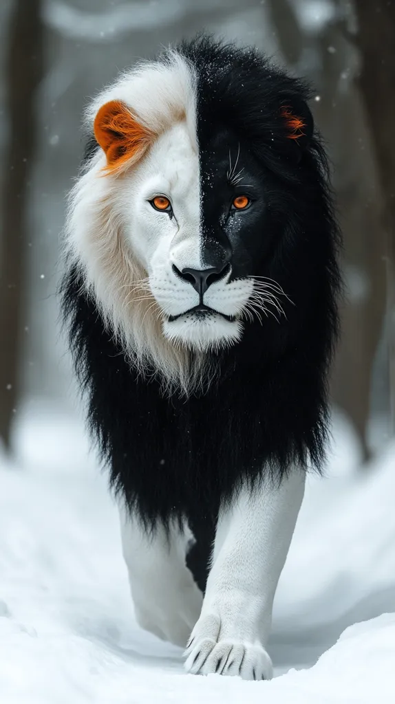 A majestic lion, seemingly split down the middle, walks through a snowy landscape. One half of its body is pure white, the other a deep black, with striking orange eyes.  Its thick mane contrasts sharply, one side white, the other black. The image evokes a sense of duality and powerful beauty in the winter setting.