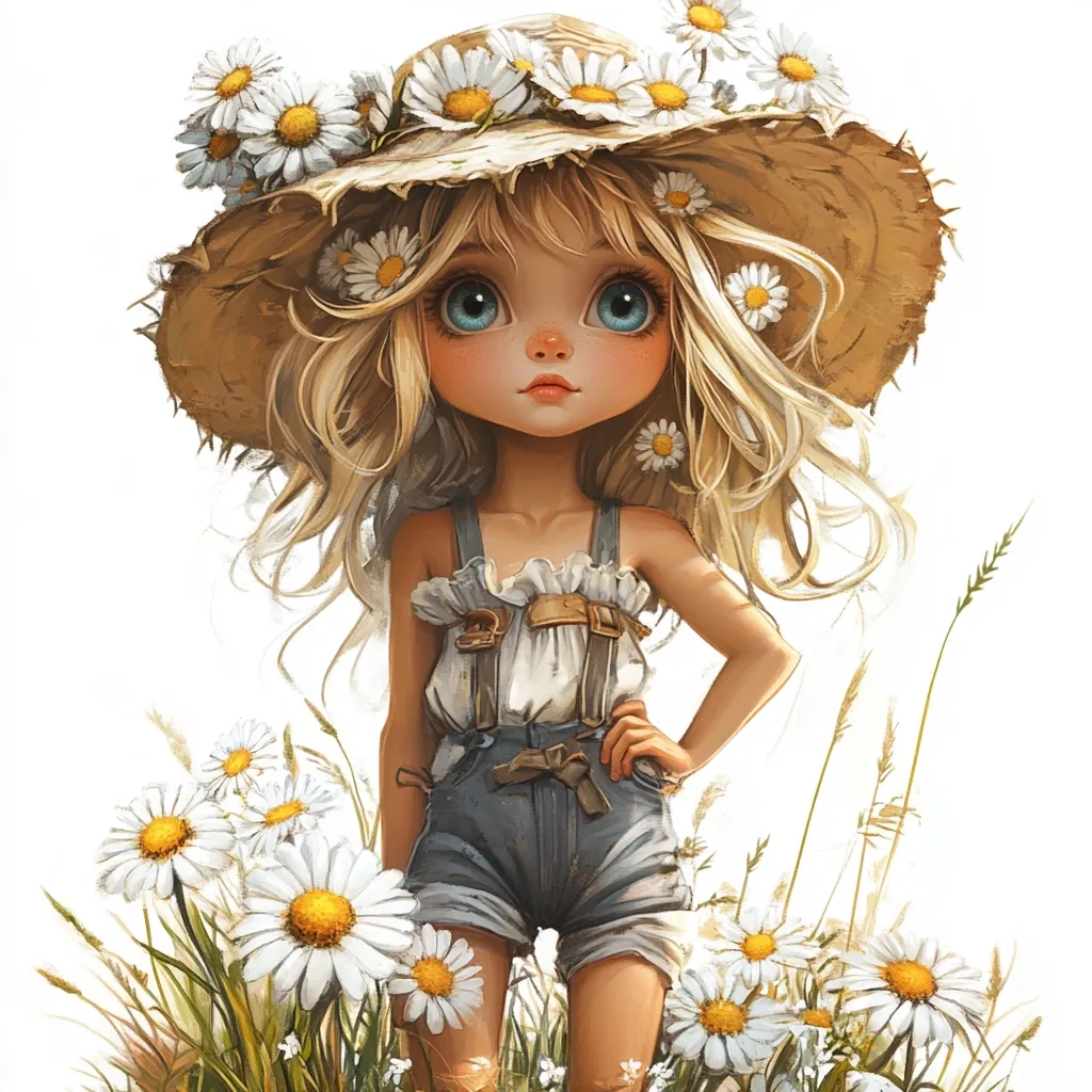 A charming digital illustration depicts a young girl with large, expressive eyes and blonde hair.  She wears a straw hat adorned with daisies, a white ruffled top, and denim overalls.  The girl stands confidently amidst a field of daisies, her pose and attire suggesting a carefree, summery mood. The style is whimsical and evocative of fairytale illustrations.
