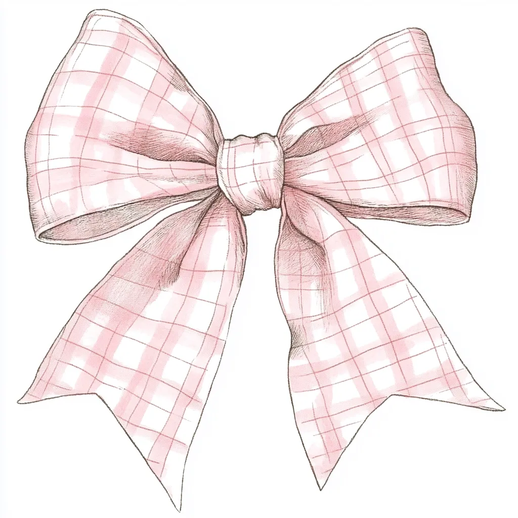 A hand-drawn illustration of a pink gingham bow.  The bow is meticulously detailed, showing the texture of the fabric and the individual plaid squares.  The shading and linework create a soft, delicate aesthetic, perfect for a feminine or whimsical design. The bow is tied in a classic, elegant style, with the tails elegantly draped.