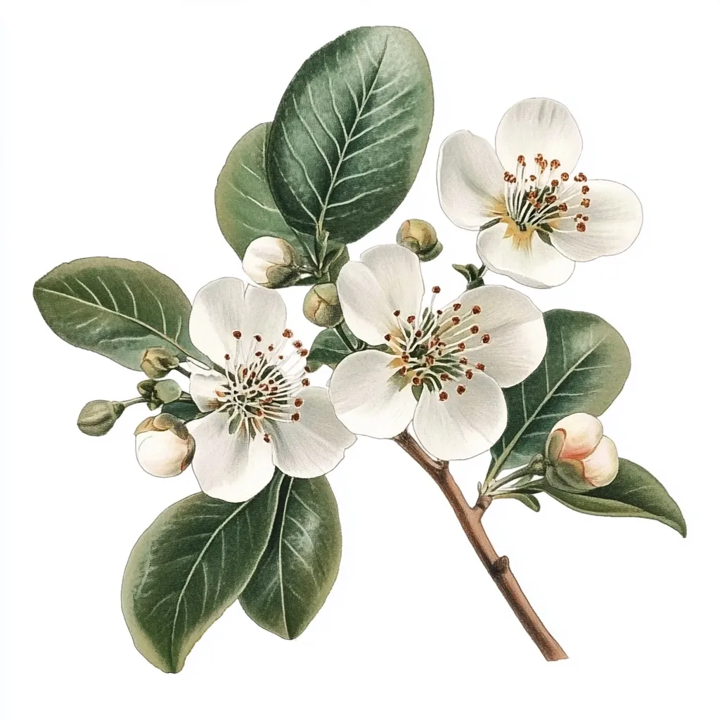 A botanical illustration showcases a delicate branch of feijoa flowers.  Three fully bloomed, creamy-white flowers with reddish-brown centers are prominently displayed, surrounded by smaller buds and lush green leaves. The detailed artwork highlights the texture and subtle color variations of the blossoms and foliage, creating a serene and elegant image.