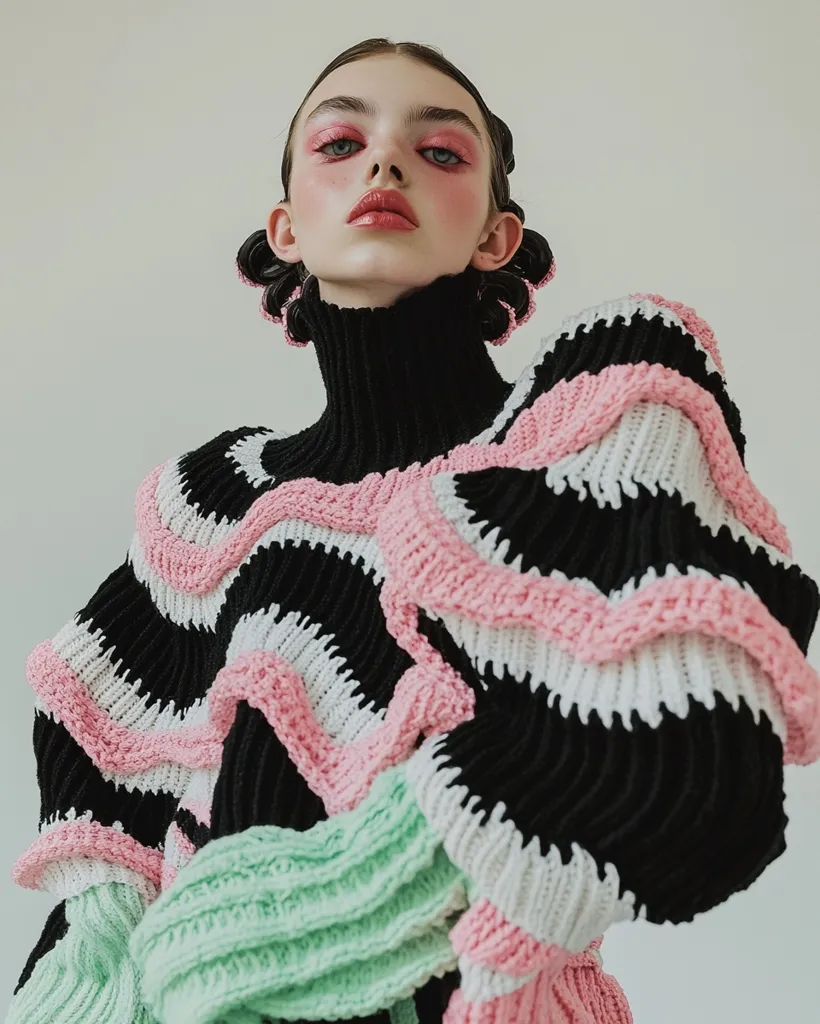 A young woman with pink makeup and pink hair buns models a uniquely textured, oversized knit sweater.  The sweater features a wavy pattern in black, white, and pink yarn, with mint green sleeves adding a contrasting pop of color. The style is bold and playful, showcasing a blend of textures and colors.