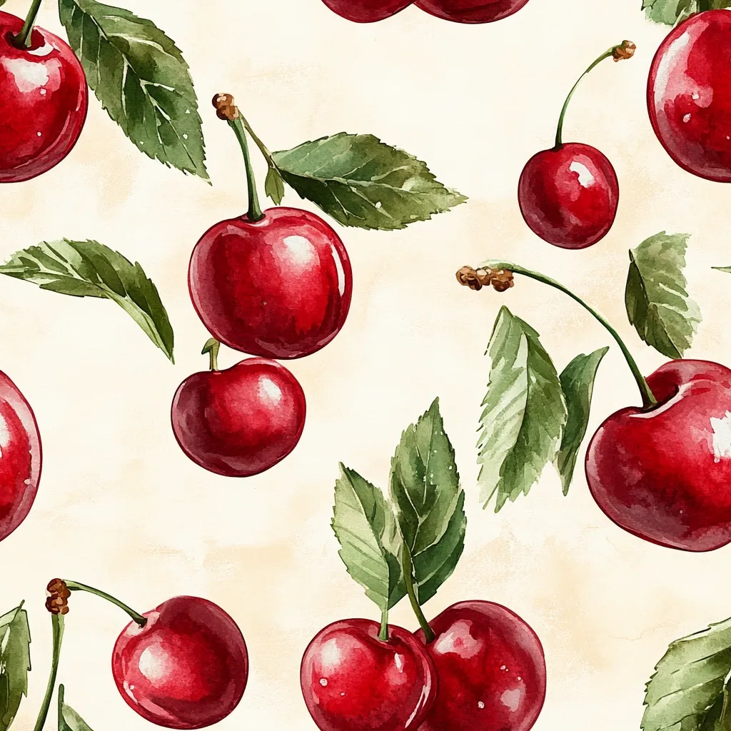 A watercolor painting features a seamless pattern of ripe red cherries.  The cherries are depicted with vibrant color and detail, clustered on stems with lush green leaves against a soft beige background.  The style is realistic, showcasing the glossy texture of the fruit and the delicate veins of the leaves. The overall effect is one of summery freshness and abundance.