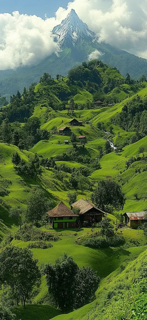 A snow-capped mountain dominates the backdrop of a lush green valley.  Rolling hills dotted with small, rustic houses create a picturesque scene.  The vibrant green of the landscape contrasts beautifully with the white of the mountain peak and the blue sky. A small waterfall cascades down one hillside, adding to the tranquility of the idyllic setting.