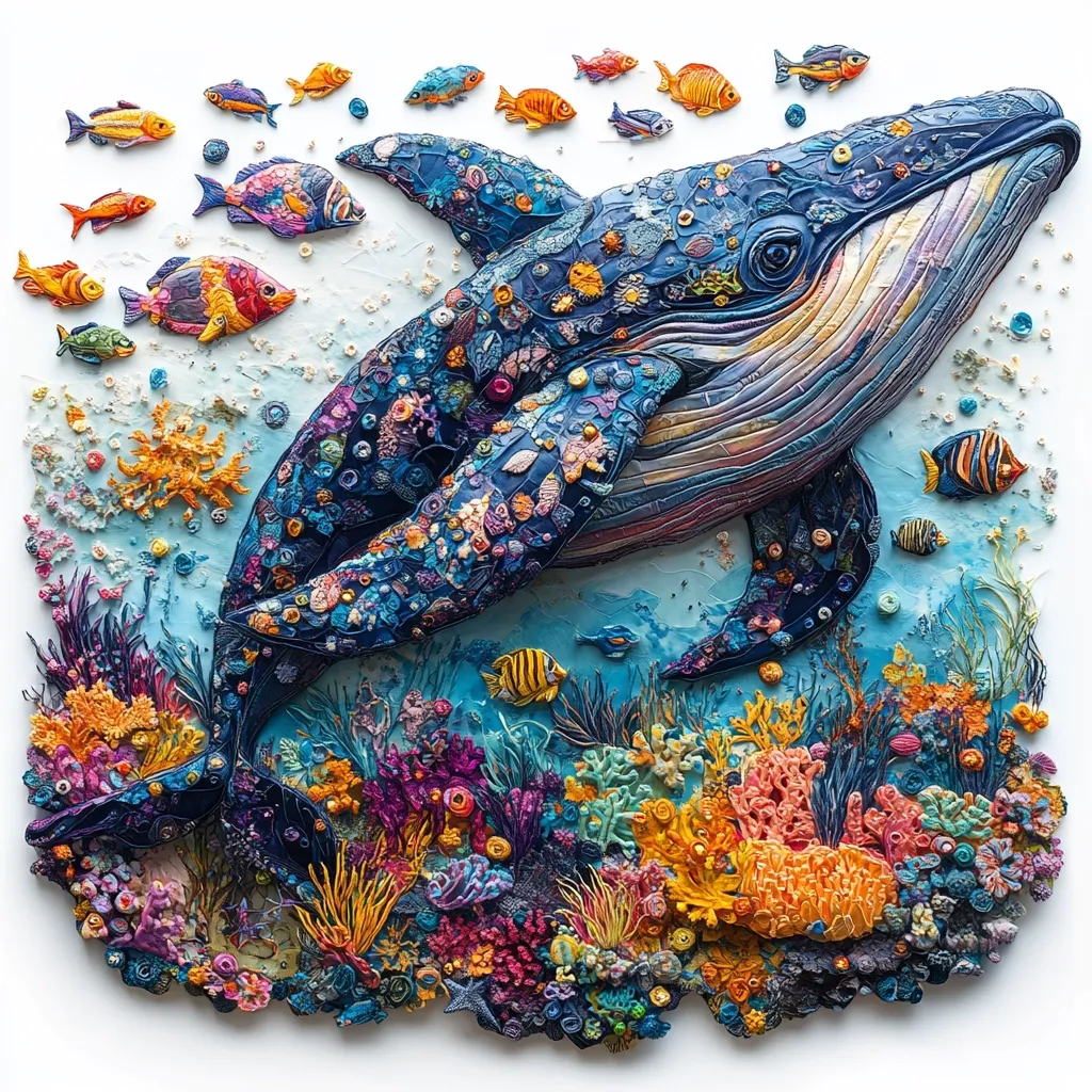 A stunningly detailed artwork depicts a humpback whale adorned with vibrant coral and marine life.  Smaller fish swim above and around the whale, which is meticulously crafted with textured clay, showcasing its intricate scales and the diverse ecosystem it inhabits.  The base is a flourishing coral reef, brimming with color and texture, creating a breathtaking underwater scene.