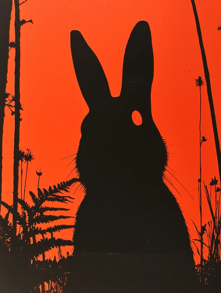 A stark, minimalist artwork depicts a black silhouette of a rabbit against a vibrant orange background.  The rabbit is centrally positioned, its form simple yet striking.  Silhouetted flora, including ferns and tall grasses, frames the rabbit, adding depth and contrast to the bold color scheme. The overall effect is one of graphic simplicity and dramatic impact.