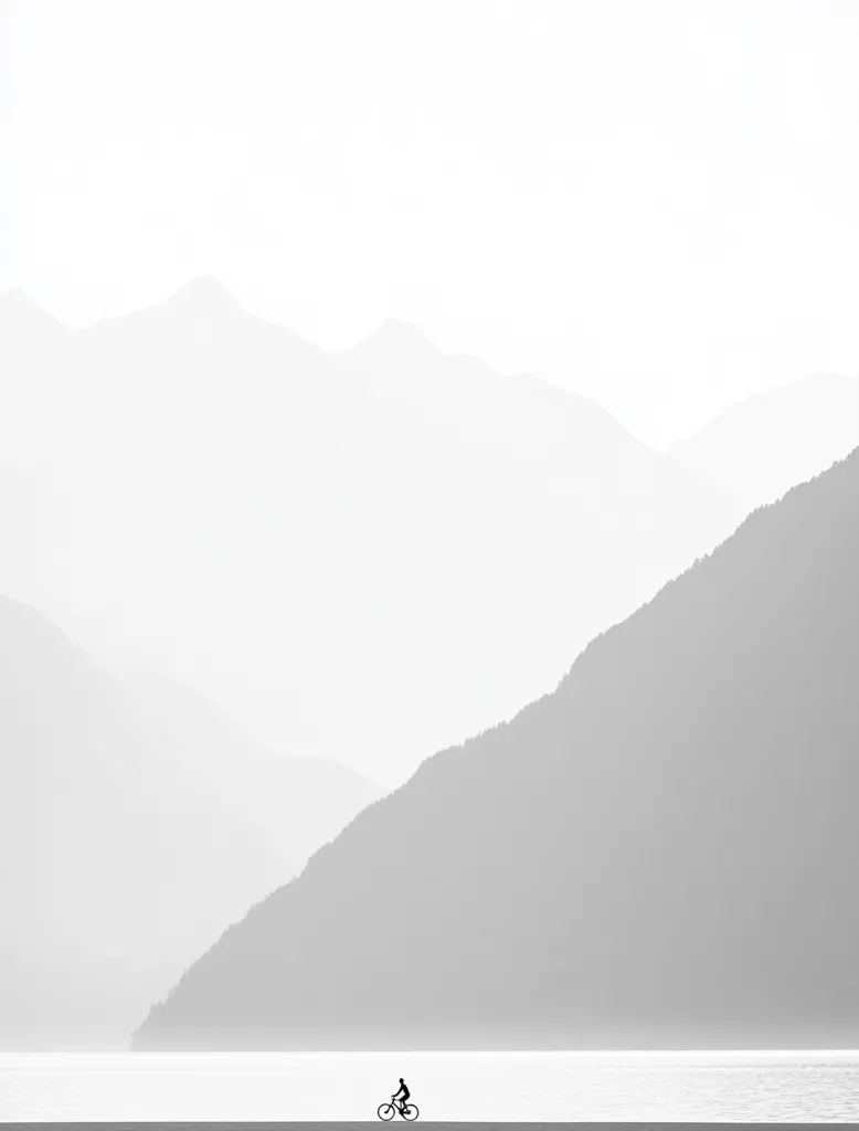 A minimalist black and white landscape photograph depicts a lone cyclist riding along a calm body of water.  The cyclist is silhouetted against a serene backdrop of gently sloping mountains, fading into a hazy, light sky.  The image evokes a sense of peace and solitude.