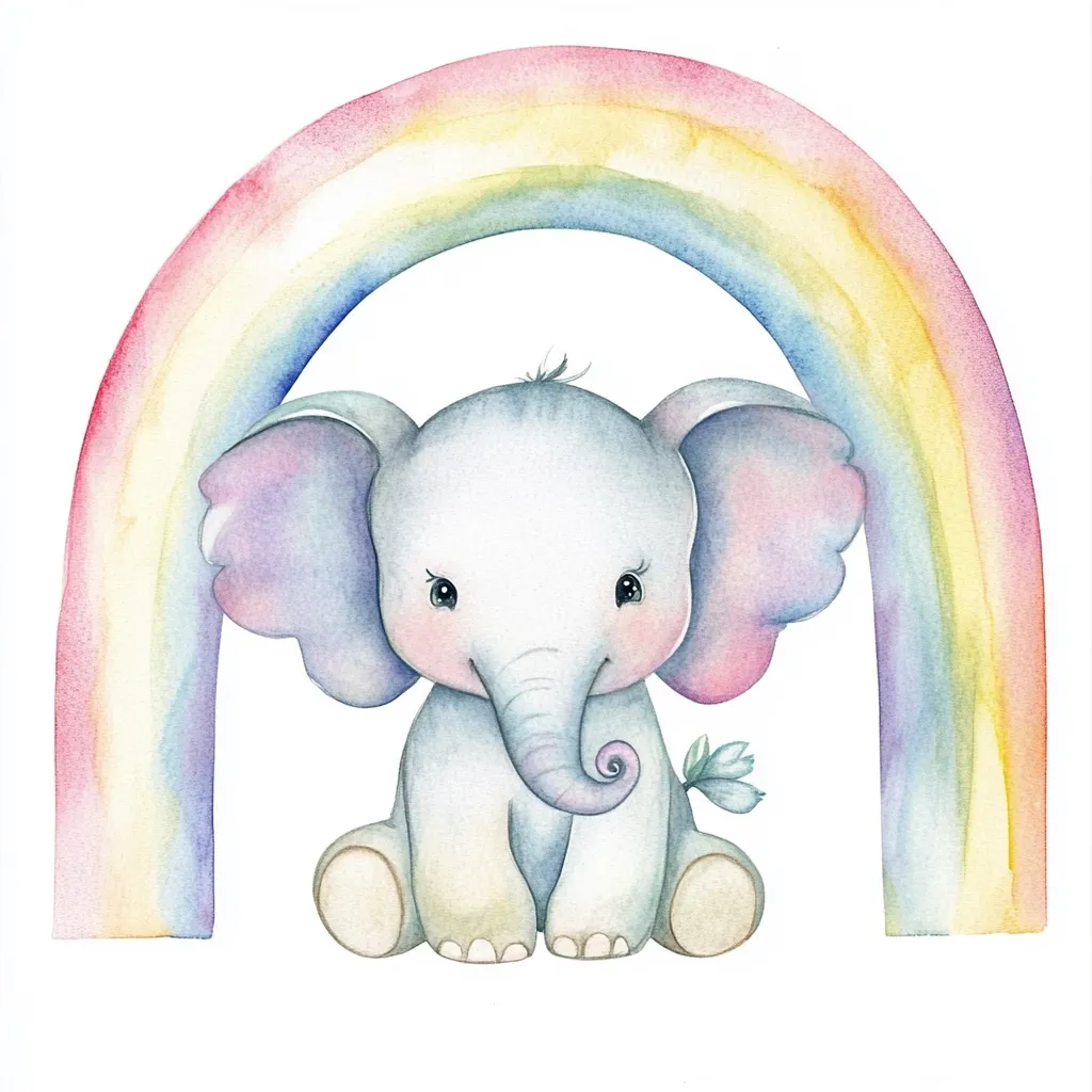 A charming watercolor illustration features an adorable baby elephant sitting under a pastel rainbow. The elephant is light gray with soft pink cheeks and large, pastel-colored ears.  It has a small, curled trunk and a tiny flower on its tail. The rainbow is a gentle blend of pink, orange, yellow, green, and blue, creating a whimsical and sweet image.