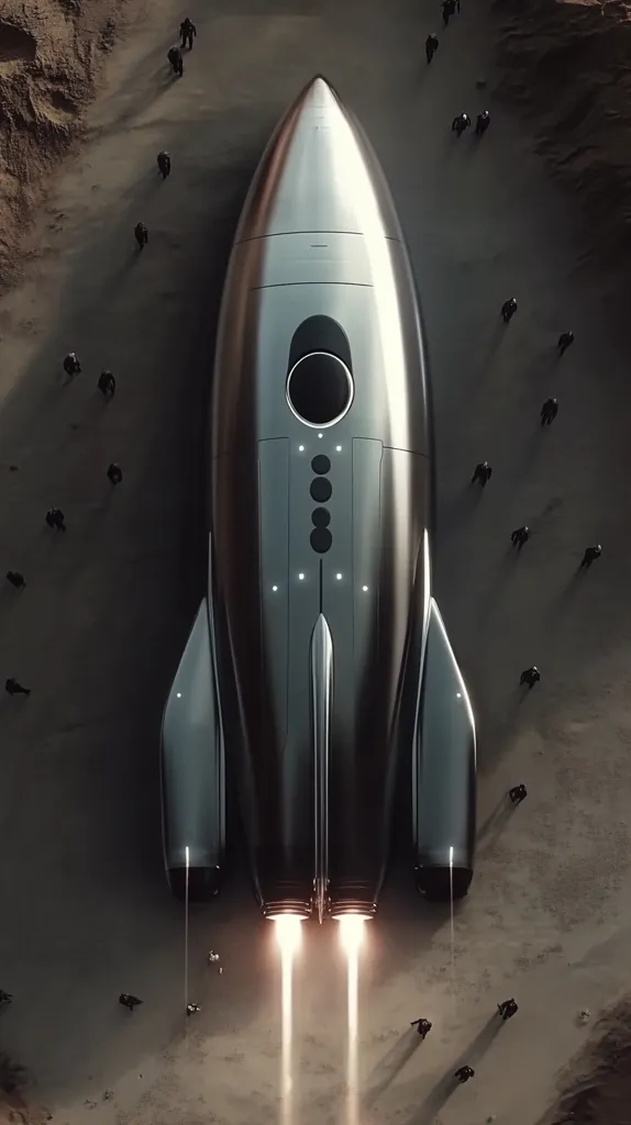 A sleek, silver rocket ship sits on a desolate, sandy landscape, its twin engines glowing with ignition.  Small figures, possibly humans, are scattered around the rocket, appearing tiny in comparison to the immense spacecraft. The scene evokes a sense of exploration, perhaps a departure or arrival on an alien planet.  The overall aesthetic is futuristic and slightly melancholic.