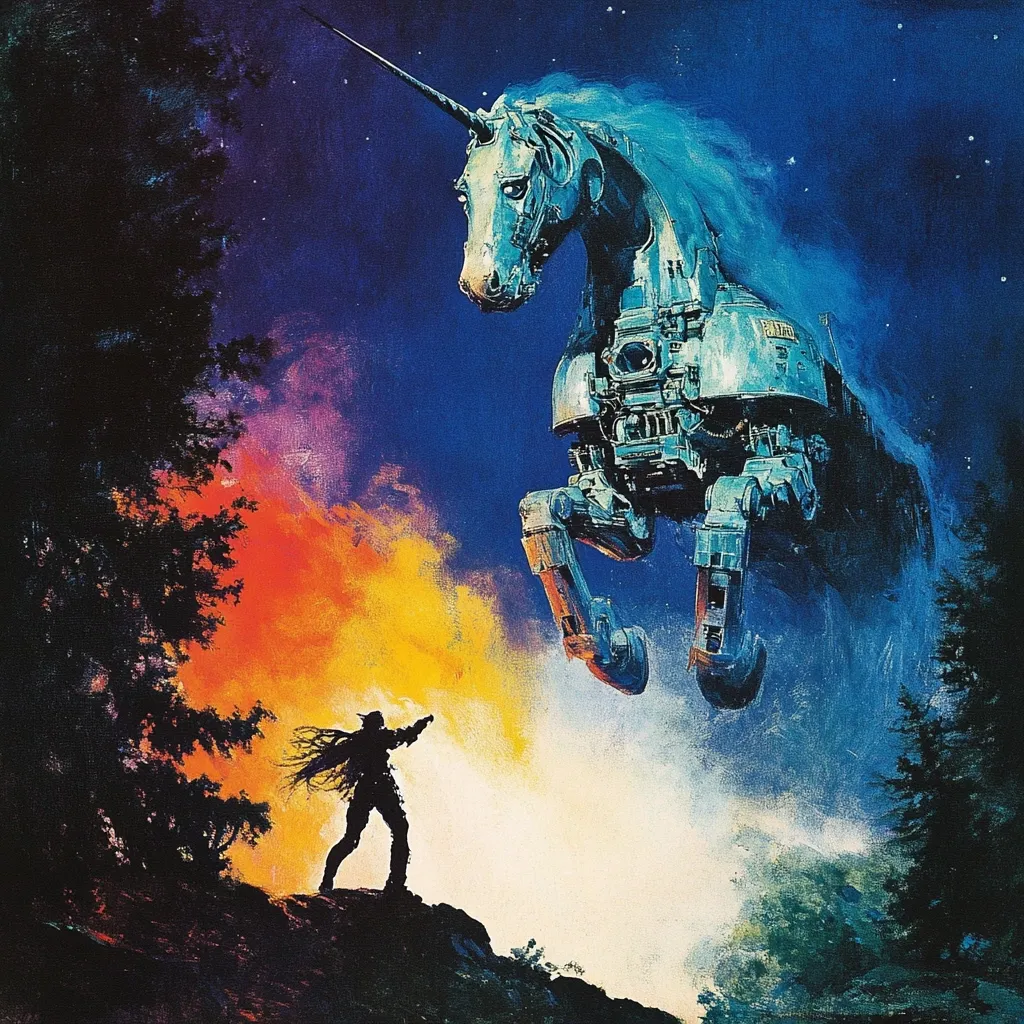 A majestic, metallic unicorn, seemingly a mechanical construct, floats in a twilight sky above a silhouetted figure.  The unicorn's horn points upwards, and its body is detailed with visible mechanical components.  Below, a lone figure, possibly a warrior, stands defiantly on a rocky outcrop, a fiery orange glow illuminating the scene. The background suggests a forested landscape under a starry night.  The overall image conveys a sense of wonder and conflict.
