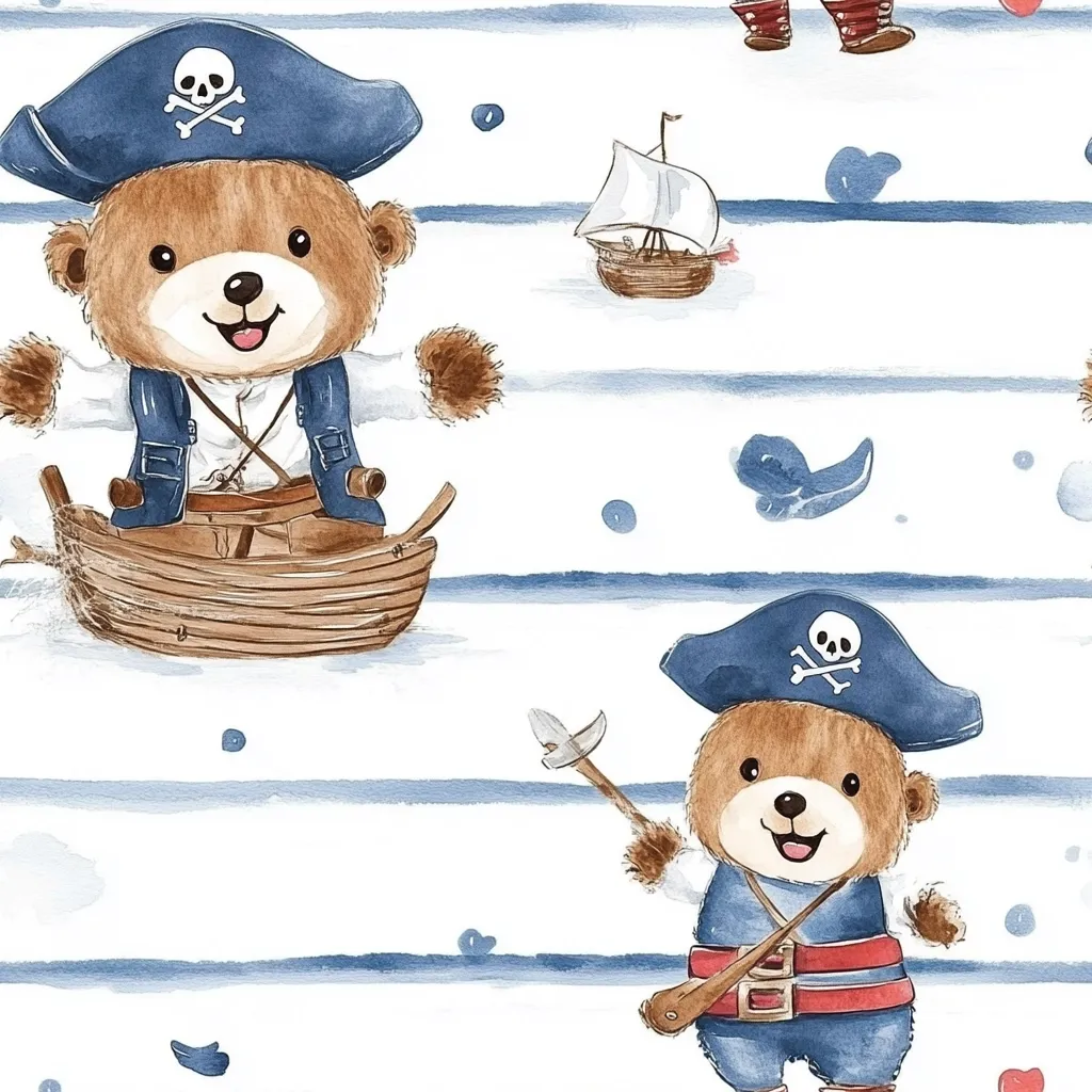 A charming watercolor pattern features adorable teddy bears dressed as pirates.  The bears wear blue pirate hats adorned with skull and crossbones, and blue and red pirate costumes. They are depicted in small boats and sailing ships against a background of blue horizontal stripes and scattered watercolor dots, creating a playful nautical theme.  The style is cute and whimsical, perfect for children's fabric or wallpaper.