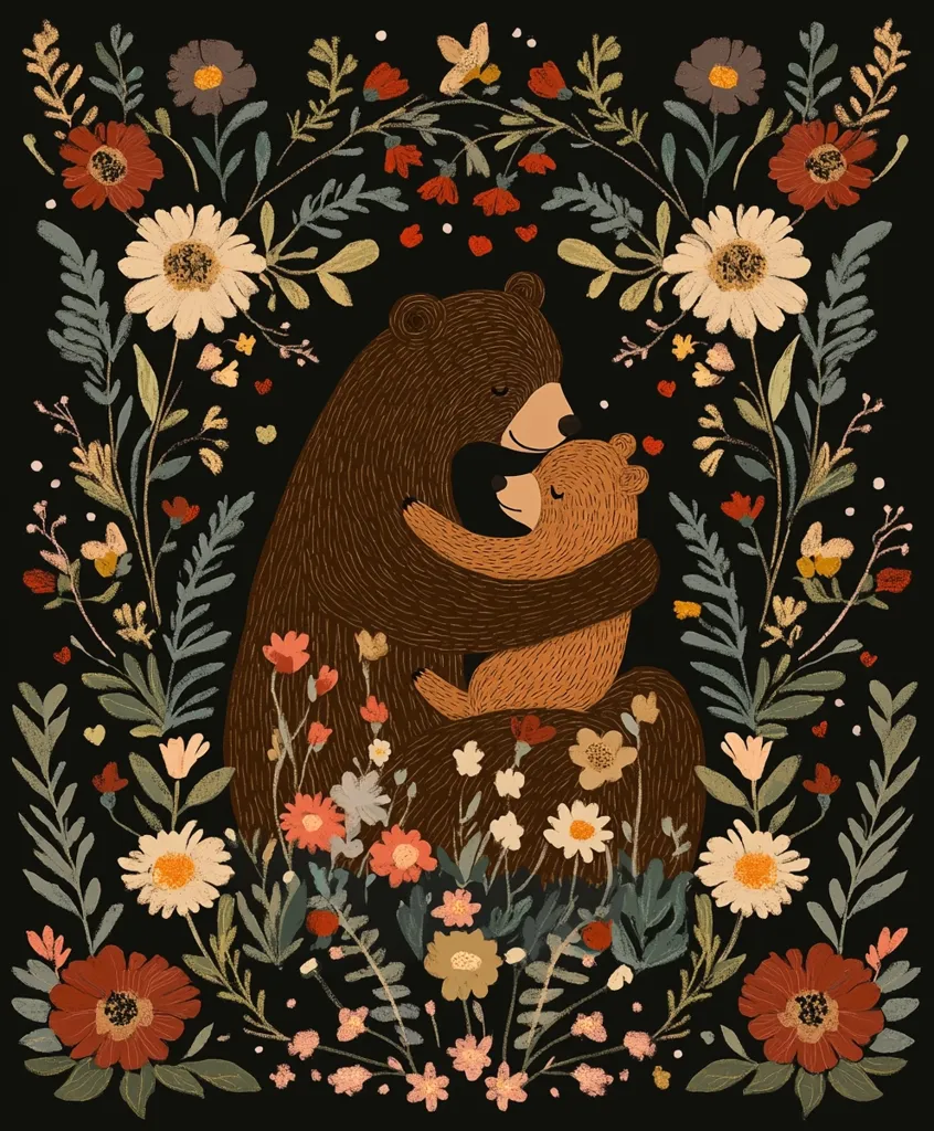 A heartwarming illustration depicts a mother bear tenderly embracing her cub amidst a vibrant floral arrangement.  The bears are rendered in warm brown hues, contrasting beautifully with the dark background and colorful flowers.  The scene evokes feelings of love, warmth, and the beauty of nature, creating a whimsical and affectionate image.  The style is reminiscent of folk art or children's book illustration.