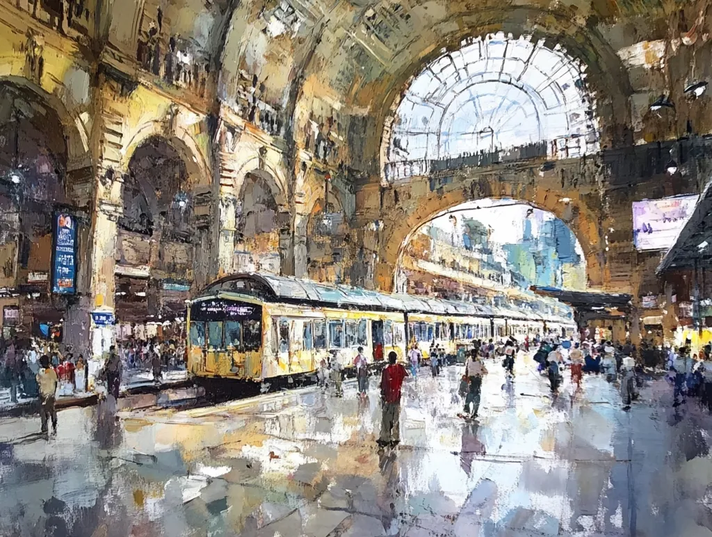 A vibrant, impressionistic painting captures the bustling atmosphere of a grand train station. A yellow train sits at the platform, surrounded by passengers moving through the high-ceilinged hall, its architectural details highlighted by light and shadow. The artist uses loose brushstrokes and a rich palette to create a sense of movement and energy.  The large arched windows and structural elements dominate the composition.