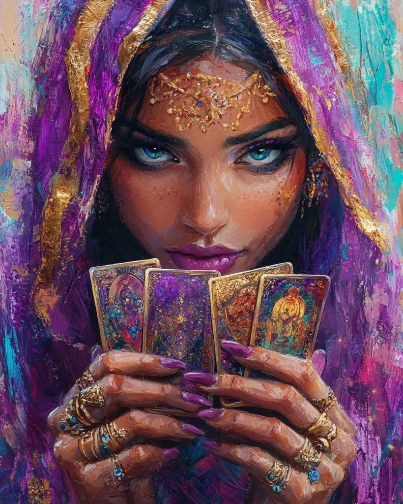 A captivating portrait of a woman, veiled in rich purple and gold fabrics, holds a set of tarot cards. Her piercing blue eyes and dark, expressive features are accentuated by gold jewelry. The painting style is impasto, with visible brushstrokes adding texture and depth to the vibrant colors.  The overall mood is mystical and intriguing, hinting at secrets and divination.
