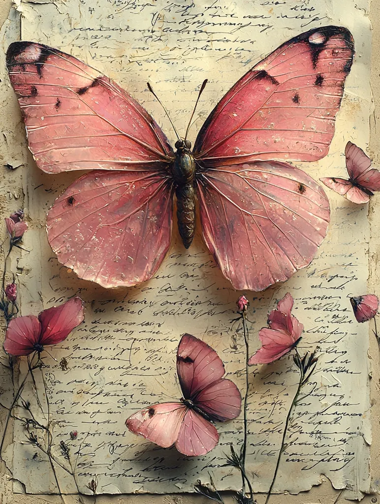A large, blush-pink butterfly takes center stage against a backdrop of aged, handwritten script.  Smaller butterflies and delicate pink flowers are scattered around the edges of the antique-looking parchment. The overall aesthetic is one of delicate beauty and vintage charm, with a romantic and slightly melancholic feel. The texture is richly detailed, suggesting a painted or digitally manipulated image.