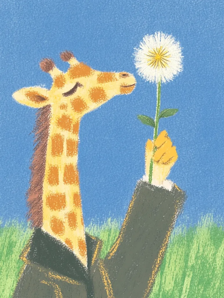 A whimsical illustration depicts a giraffe, dressed in a dark jacket, gently smelling a dandelion held in its hand.  The giraffe's long neck curves elegantly, its spotted coat rendered in soft, textured strokes. The background is a simple, bright blue sky above a patch of green grass, creating a peaceful and charming scene. The overall style is playful and slightly surreal.