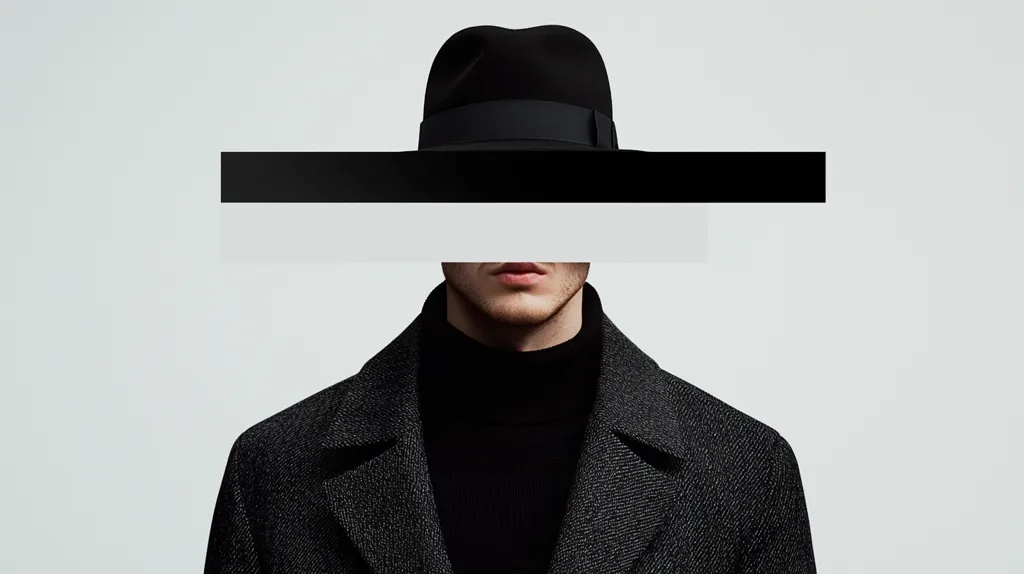 A man in a dark grey overcoat and black turtleneck is pictured.  He wears a black fedora. A black and white horizontal bar obscures his face, creating an anonymous and somewhat mysterious effect. The minimalist setting emphasizes the clothing and the concealed identity.