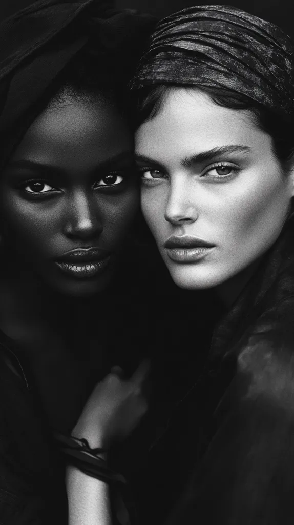 A black and white close-up shot portrays two women in profile, their faces nearly touching.  One woman has dark skin and a headscarf, while the other is lighter-skinned with a patterned head wrap.  The image emphasizes their contrasting features and creates a powerful visual of intimacy and unity.  The dark background enhances the focus on their faces and the intensity of their gaze.