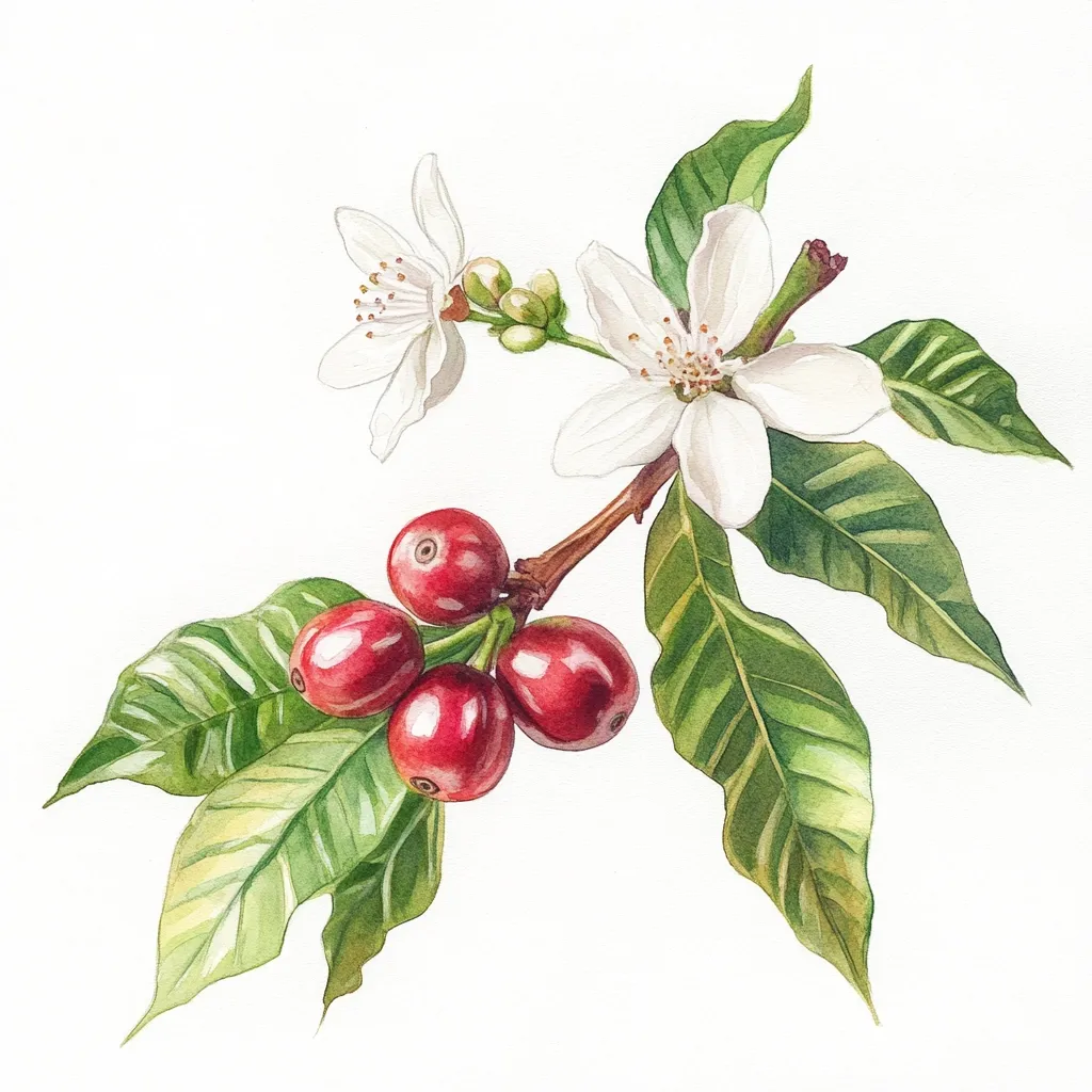 A watercolor painting depicts a coffee branch with both blossoms and ripe cherries.  Delicate white flowers with yellow centers are nestled amongst vibrant green leaves.  A cluster of deep red coffee cherries hangs below, showcasing the plant's transition from bloom to fruit. The detail is exquisite, highlighting the textures of the petals, leaves, and coffee beans.