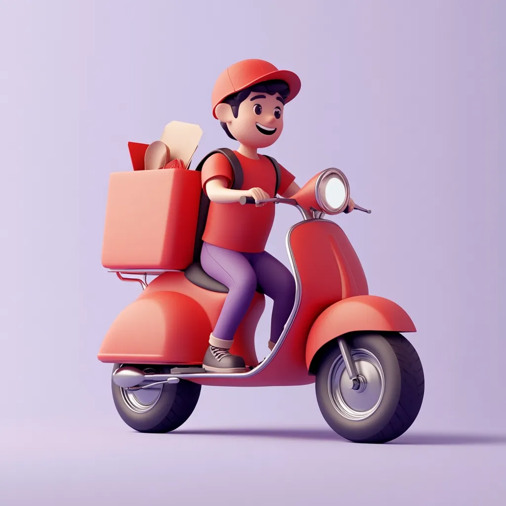 A cheerful 3D-rendered cartoon delivery person, wearing a red cap and shirt, rides a red scooter.  A red delivery box filled with food containers is attached to the back. The scene is set against a light purple background, showcasing a vibrant and playful illustration of food delivery.  The scooter is depicted in motion.
