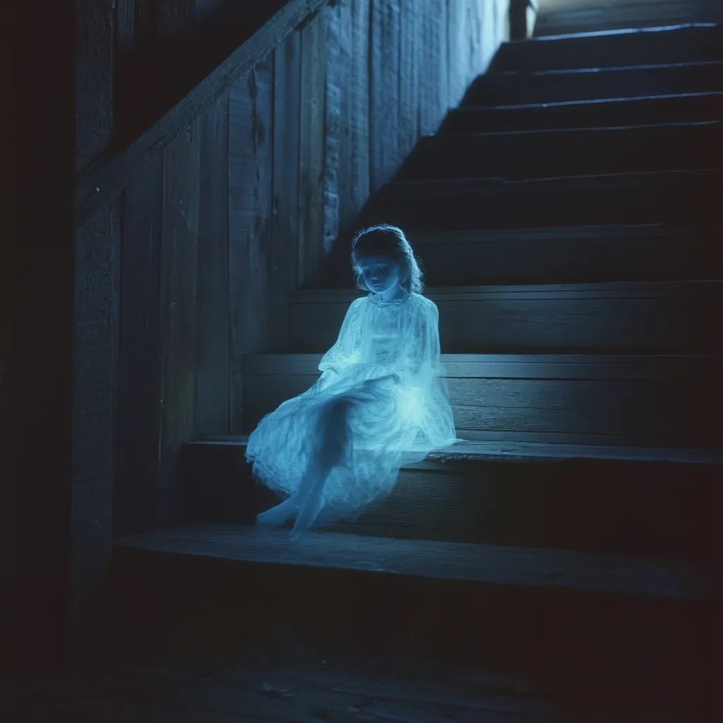A young girl in a flowing white dress sits on a dimly lit wooden staircase.  The image is ethereal and somewhat ghostly, with a blue tint enhancing the mysterious atmosphere.  The girl appears serene, her posture suggesting contemplation. The setting is dark and aged, creating a sense of isolation and mystery.