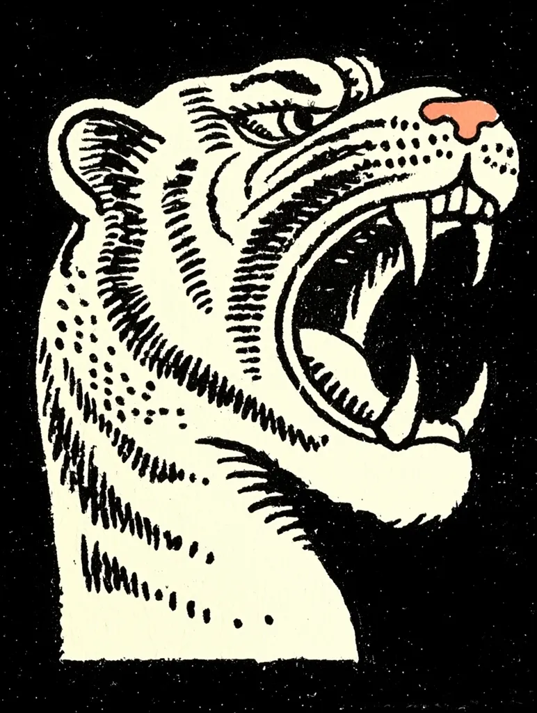 A striking black and white illustration showcases the head and shoulders of a snarling big cat, possibly a tiger or panther.  The style is reminiscent of woodcut or linocut printing, with bold lines and cross-hatching detailing the animal's fur and musculature. Its mouth is wide open, revealing sharp teeth, creating a fierce and powerful image.  The creature's intense gaze adds to its menacing expression.
