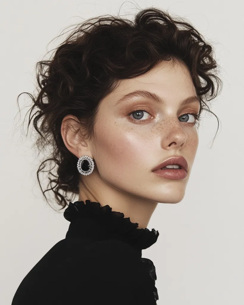 A young woman with naturally curly brown hair styled in a voluminous, slightly messy updo.  She has light skin adorned with freckles and wears minimal, elegant makeup.  Her gaze is directed away from the camera, creating a pensive mood.  She's wearing black ruffled high-neck top and noticeable oval earrings with dark stones. The overall aesthetic is sophisticated and understated.