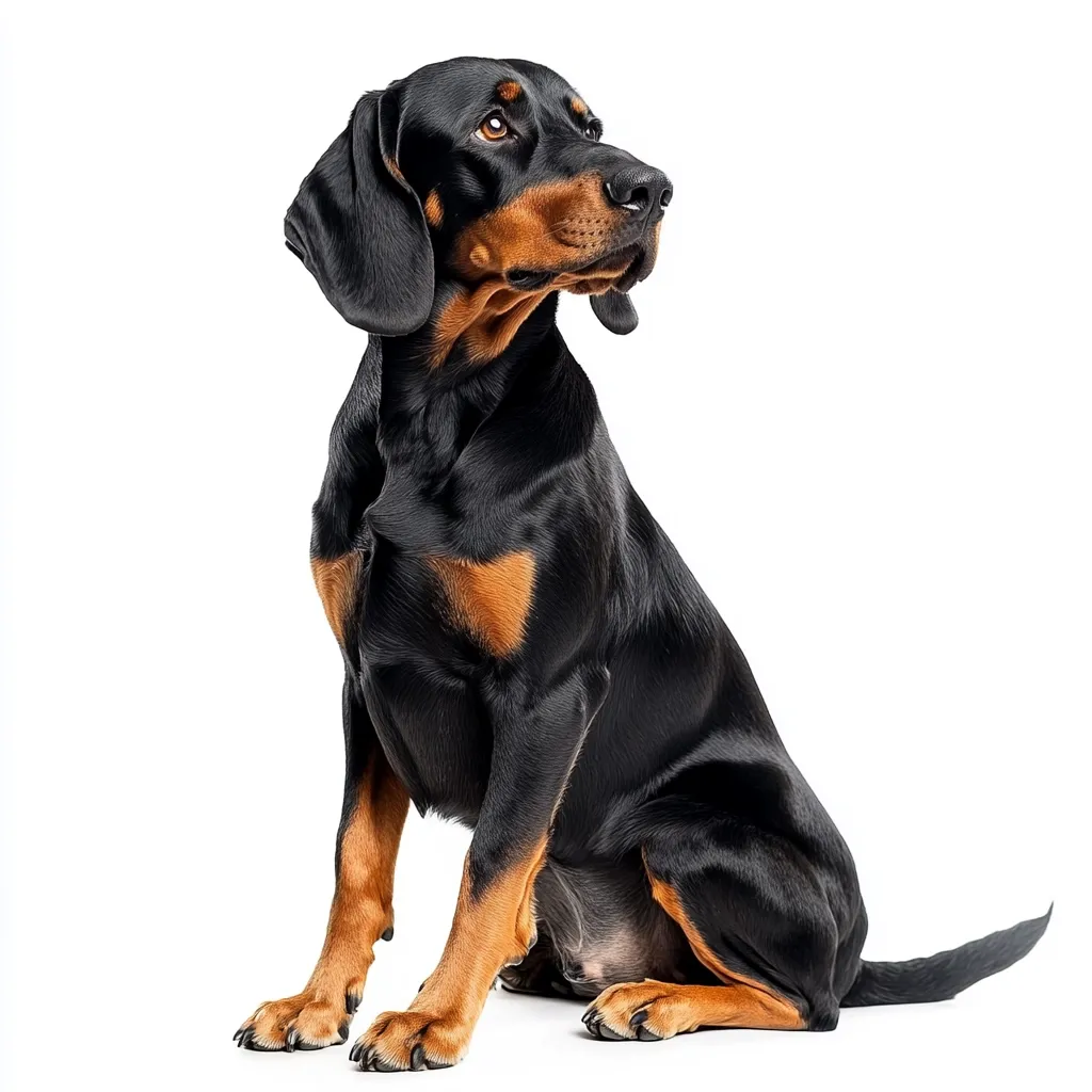 A black and tan dog, possibly a Bavarian Mountain Hound, sits attentively against a white background.  Its glossy coat is well-groomed, and its ears are neatly folded. The dog gazes slightly upward, exhibiting an alert and curious expression.  Its posture is elegant and relaxed, showcasing its muscular build. The image is clean and professionally captured.