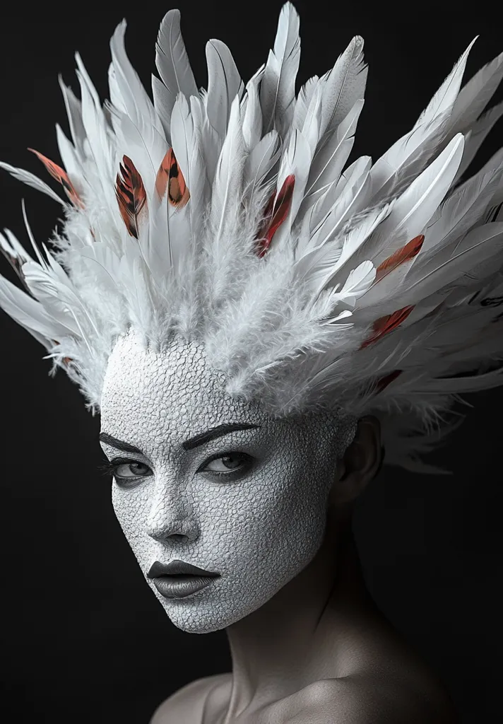 A woman's face is partially obscured by a dramatic headdress of white feathers, accented with reddish-brown accents. Her face is covered in textured, light gray makeup, giving a reptilian or scaly effect. The dark background contrasts sharply with the bright white feathers, creating a striking, almost surreal image. The overall style is artistic and evocative, hinting at themes of nature and transformation.