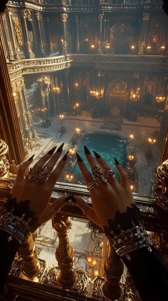 A pair of elegantly adorned hands, sporting long, dark nails and ornate gold rings, rest on a gilded balcony.  Below, a breathtaking view unfolds: a lavish, dimly lit interior with intricate gold detailing, a dark pool, and numerous candelabras casting a warm glow. The opulent architecture suggests a palace or grand manor.  The overall mood is dark, luxurious, and mysterious.