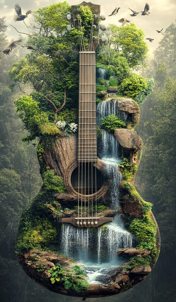 A surreal image depicts an acoustic guitar transformed into a lush natural landscape.  Lush greenery, cascading waterfalls, and rocks form the guitar's body, creating a harmonious blend of music and nature. Birds fly amidst the foliage, enhancing the serene and magical atmosphere. The image is a captivating visual metaphor for the connection between nature and art.