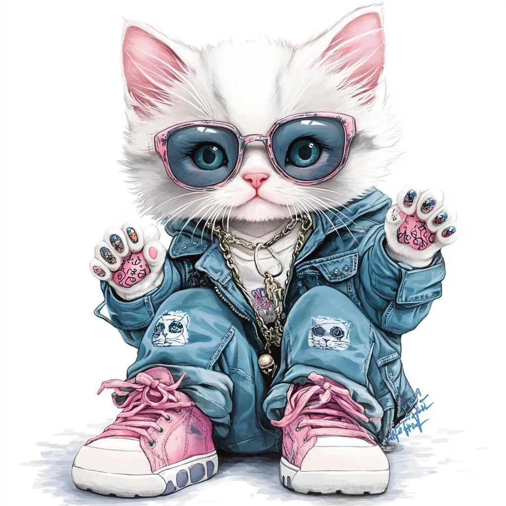 A stylish white kitten, sporting pink sunglasses and pink sneakers, is depicted in a denim jacket and jeans.  Its paws are adorned with colorful nail art, and it wears a gold chain necklace. The kitten sits with a playful expression, its features rendered with detailed realism within a digital art style.  Small cat faces are embroidered on its jeans.