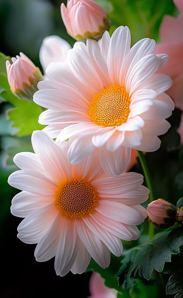 Two delicate peach-colored daisies are the focal point, their numerous petals radiating outwards from a vibrant yellow center.  Surrounding the blooms are smaller, closed buds and lush green foliage, creating a soft contrast against a dark background. The image evokes a sense of serenity and natural beauty.