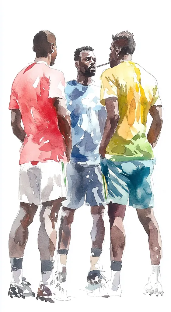 A watercolor painting depicts three dark-skinned men standing close together, engaged in conversation.  They wear athletic shorts and t-shirts in shades of red, light blue, and yellow. Their footwear suggests a sporty context.  The loose, expressive brushstrokes give the image a dynamic and casual feel.  The background is pure white, focusing attention on the figures.
