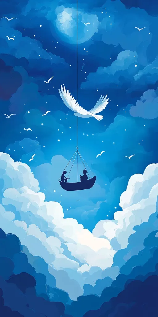A whimsical illustration depicts a small boat carrying two silhouetted figures, suspended in a vibrant blue sky by a string attached to a large, white, stylized bird's wings.  The sky is filled with fluffy white clouds and small birds, creating a dreamy, surreal atmosphere under a luminous moon. The overall tone is peaceful and enchanting.