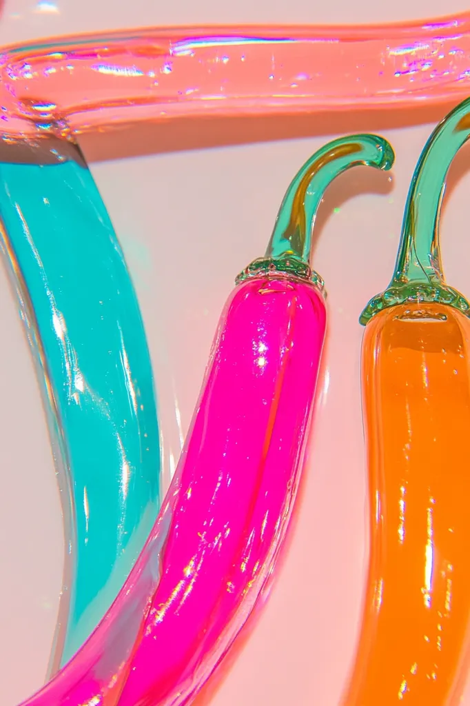 Three vibrant glass chili peppers are artfully arranged.  One is a bright pink, another a vivid orange, and a third a striking turquoise.  They are displayed on a pale pink background, their glossy surfaces reflecting light, creating an iridescent effect.  The stems are a light teal green.  The overall image is bold and colorful.