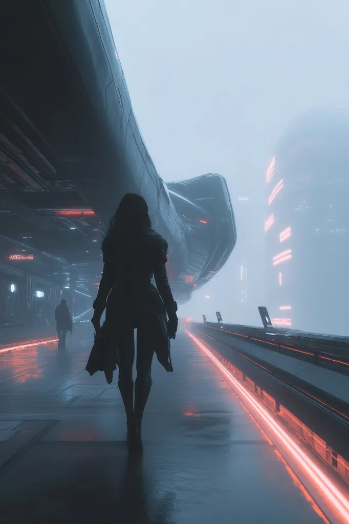 A lone figure in a dark coat walks away from the viewer down a futuristic, neon-lit pathway.  A massive, dark spaceship looms overhead, casting a shadow.  Another figure is visible in the distance. The scene is shrouded in a thick, atmospheric fog, creating a sense of mystery and isolation in this cyberpunk-esque environment.