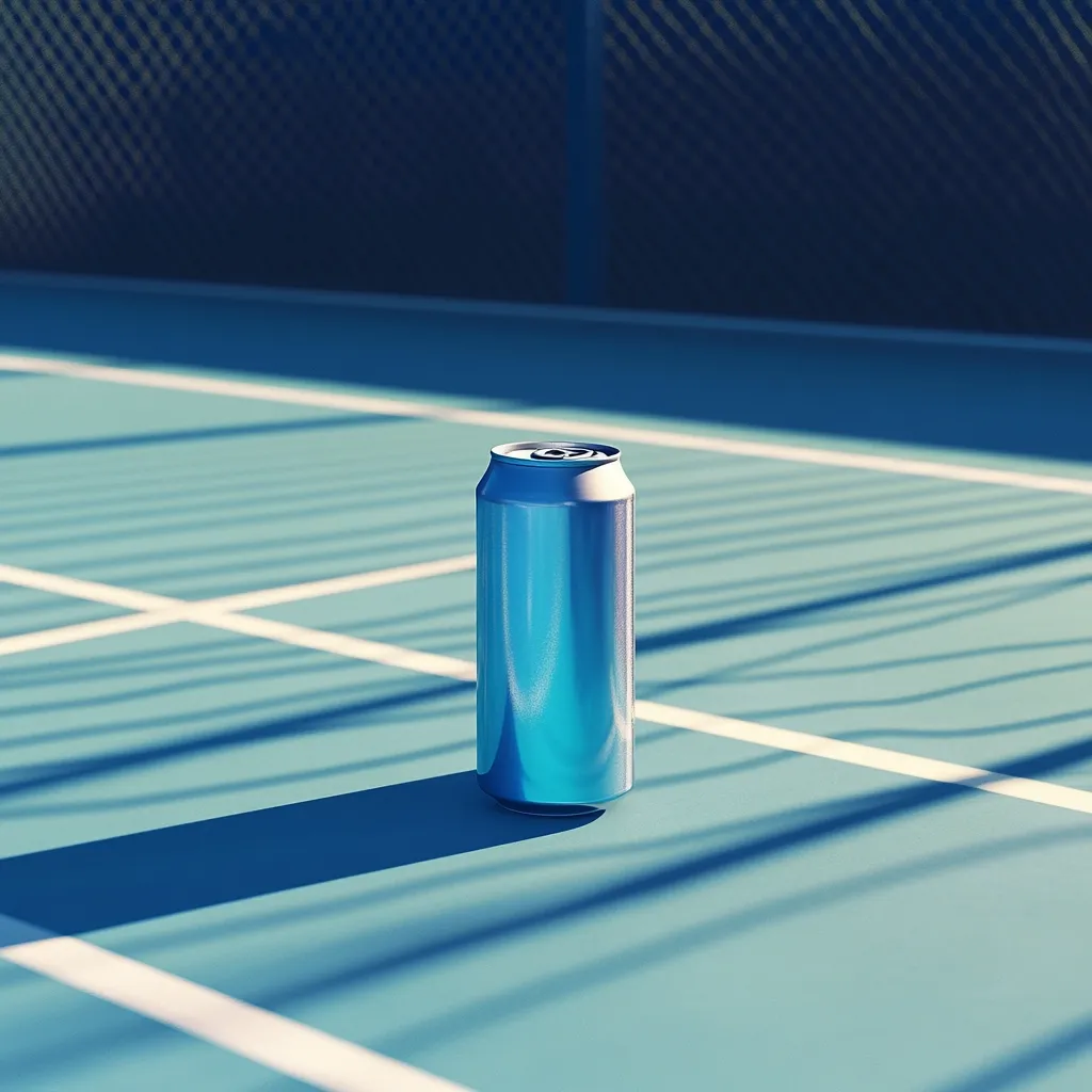 A single, light blue aluminum can sits on a teal-colored court, marked with white lines.  The can casts a shadow on the surface.  A dark blue chain-link fence is visible in the blurred background. The scene is minimalist and evokes a feeling of calmness and stillness.  The lighting suggests it might be outdoors, bathed in sunlight.