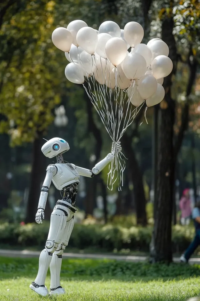 A white humanoid robot stands in a park, holding a large bunch of white balloons.  The robot's design is sleek and modern, with visible joints and wiring.  The background is blurred, showing green grass and trees. The overall scene is peaceful and slightly whimsical, suggesting a playful or optimistic theme.  The robot's pose implies a sense of joy or wonder.