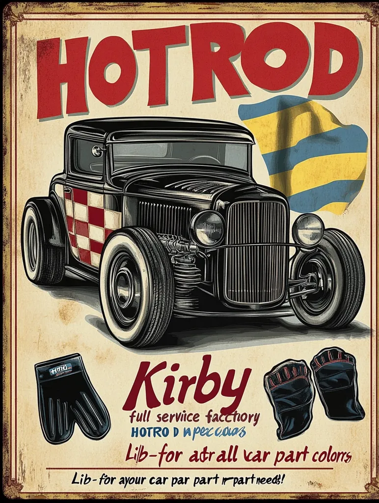 A vintage-style advertisement for Kirby's Hot Rod shop.  The poster features a black hot rod with a checkered flag design, set against a backdrop of a stylized flag.  Kirby's is advertised as a full-service factory offering all car part colors and meeting all parts needs.  The image includes illustrations of mechanic's gloves.  The overall aesthetic is retro and evocative of classic American car culture.