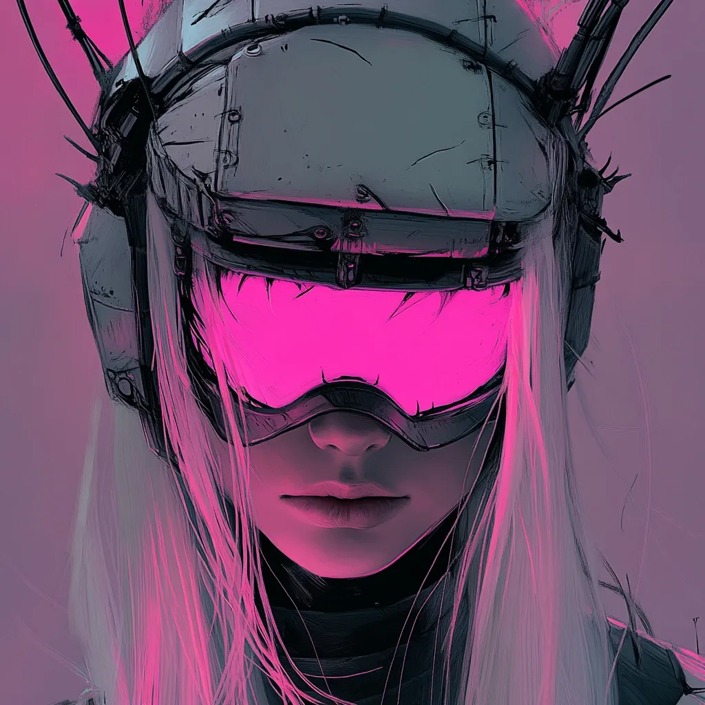 A stylized digital painting depicts a female figure with long white hair, wearing a futuristic helmet with bright pink visor. The helmet is intricately detailed, showing wear and tear, with wires and mechanical elements. The woman's expression is calm and serious, highlighted by the vibrant pink glow. The overall aesthetic is cyberpunk, blending futuristic technology with a human subject.  The image is striking and visually engaging, suggesting a blend of human and machine.