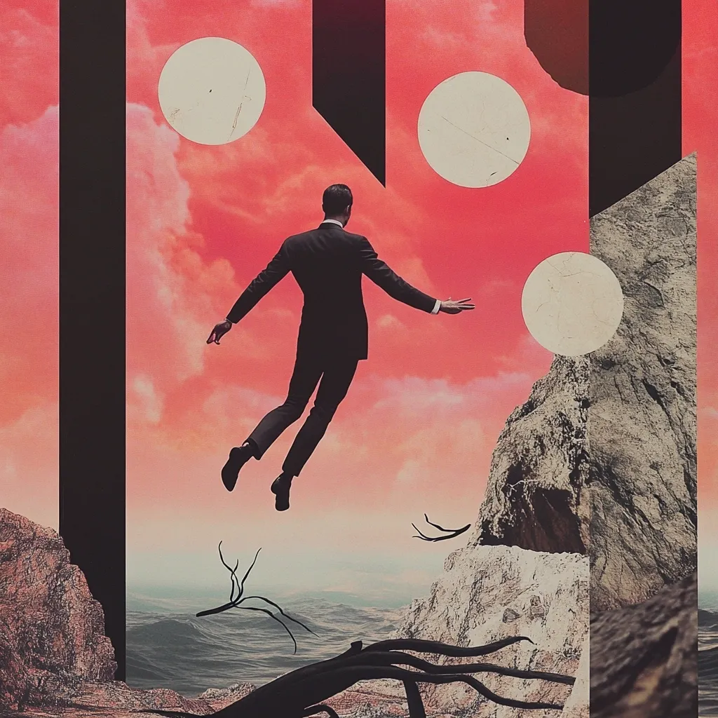 A surreal collage depicts a man in a suit gracefully leaping against a vibrant red sky.  Three off-white circles float amidst the clouds, adding to the dreamlike atmosphere.  Geometric black shapes frame the scene, while rocky, desolate terrain anchors the bottom, suggesting a dramatic landscape. The overall mood is one of mystery and otherworldly wonder.