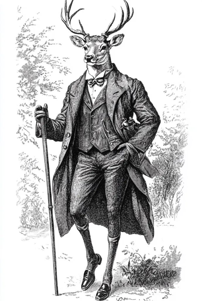 A black and white illustration depicts an anthropomorphic deer, elegantly dressed in a long coat, waistcoat, and trousers.  He carries a walking stick and sports a bow tie. The deer's attire is reminiscent of Victorian-era gentlemen's fashion. He stands in a woodland setting, suggesting a blend of nature and sophisticated attire. The detailed engraving style adds to the image's antique charm.