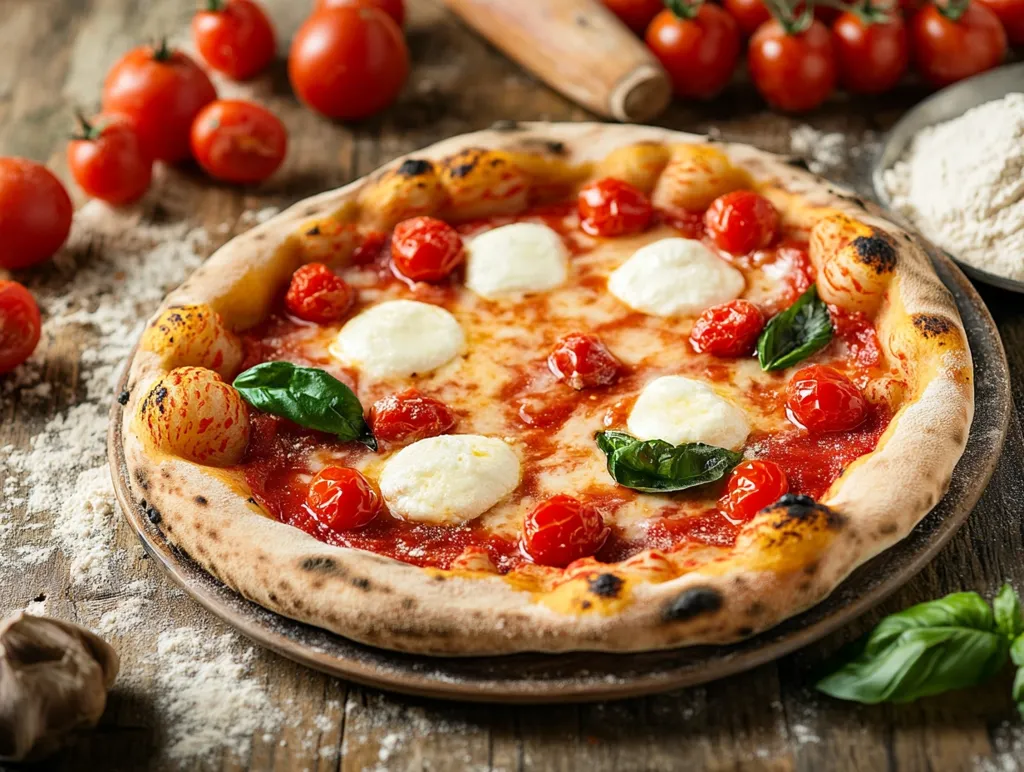 A rustic pizza with a charred crust is topped with vibrant tomato sauce, fresh mozzarella balls, and roasted cherry tomatoes.  Garnished with basil leaves, it sits on a wooden table surrounded by scattered flour and additional cherry tomatoes. The image evokes a feeling of warmth and rustic Italian cuisine.